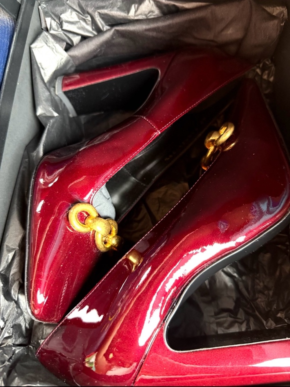 Saint Laurent Burgundy Patent Leather Pumps with Gold Chain Detail